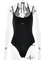 FDYOUI Women Sexy Sleeveless Lace Patchwork Pink Bodysuits 2026 Summer Halter Lace-up Backless One Piece Party Club Jumpsuit Top