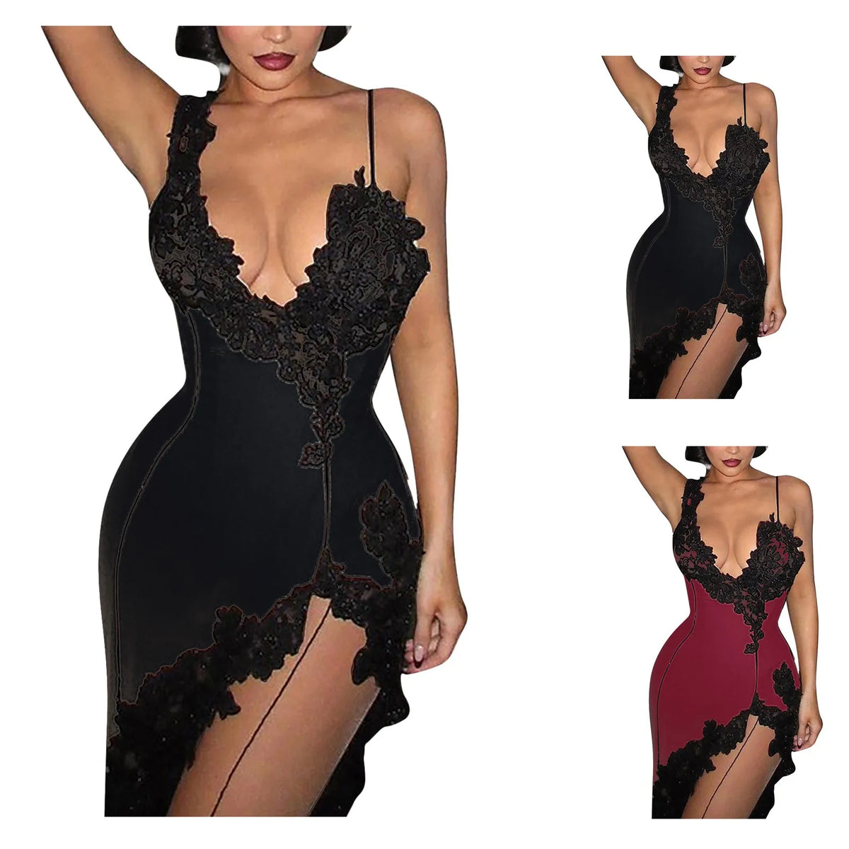 Womens Sexy Deep V Suspender Dress Lace Patchwork Slim Open Back Casual Dresses Summer High Waist Side Slit Midi Bodycon Dress