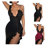Womens Sexy Deep V Suspender Dress Lace Patchwork Slim Open Back Casual Dresses Summer High Waist Side Slit Midi Bodycon Dress