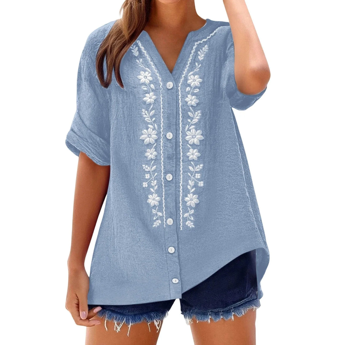 Womens V Neck Embroidered Linen Tunic Shirt Roll Up Sleeve Button Down Loose Fit Casual Boho Blouse Vintage Summer Beach Shirts