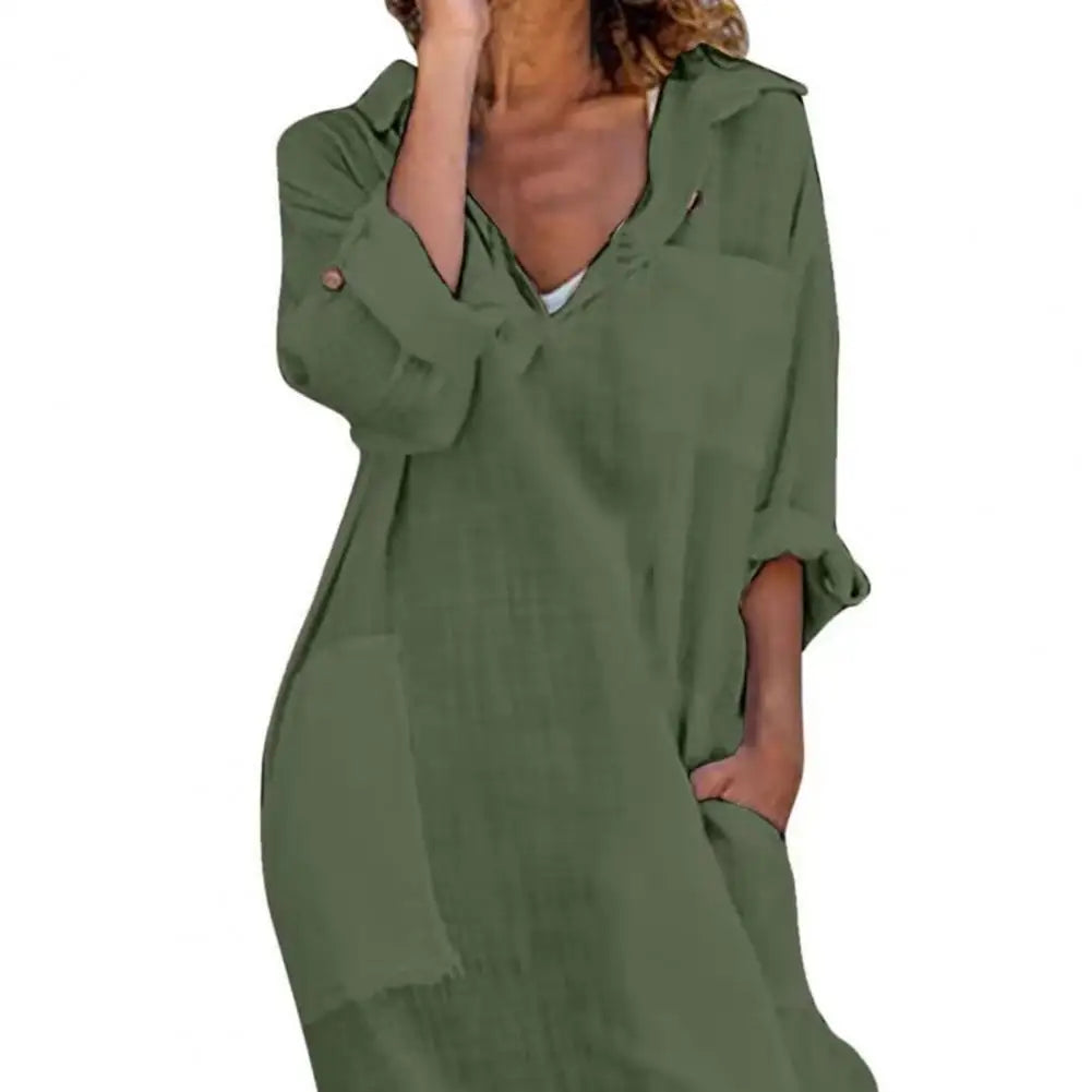 Beach Holiday Dress Women Summer Shirt Dress Lapel V-neck Solid Color Pockets Design Side Split Loose Fit Thin Midi Dress