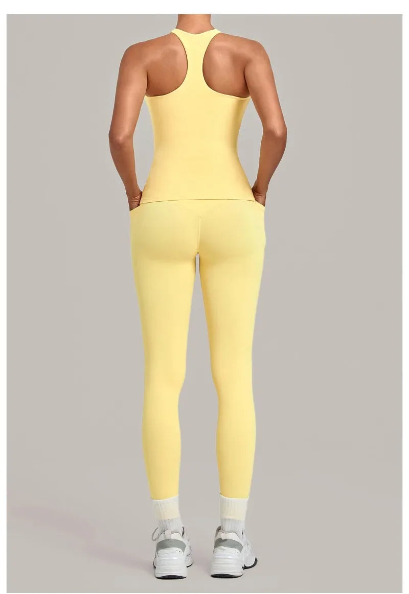 Women's Seamless Yoga Sets Sports Fitness Hip-lifting High Waist Pant Sleeveless Backless Suits Workout Running Leggings Sets