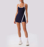 Color Contrast Tennis Dresses Women Beautiful Back Hollow Back Cross Split Skirt Pocket Sports Fitness One-piece Yoga Golf Suit