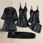 5 Pcs/Set Silky Satin Women Pajamas Set Nightgown Nightdress Top Shorts Pants Set Lace Patchwork Loose Thin Women Sleepwear