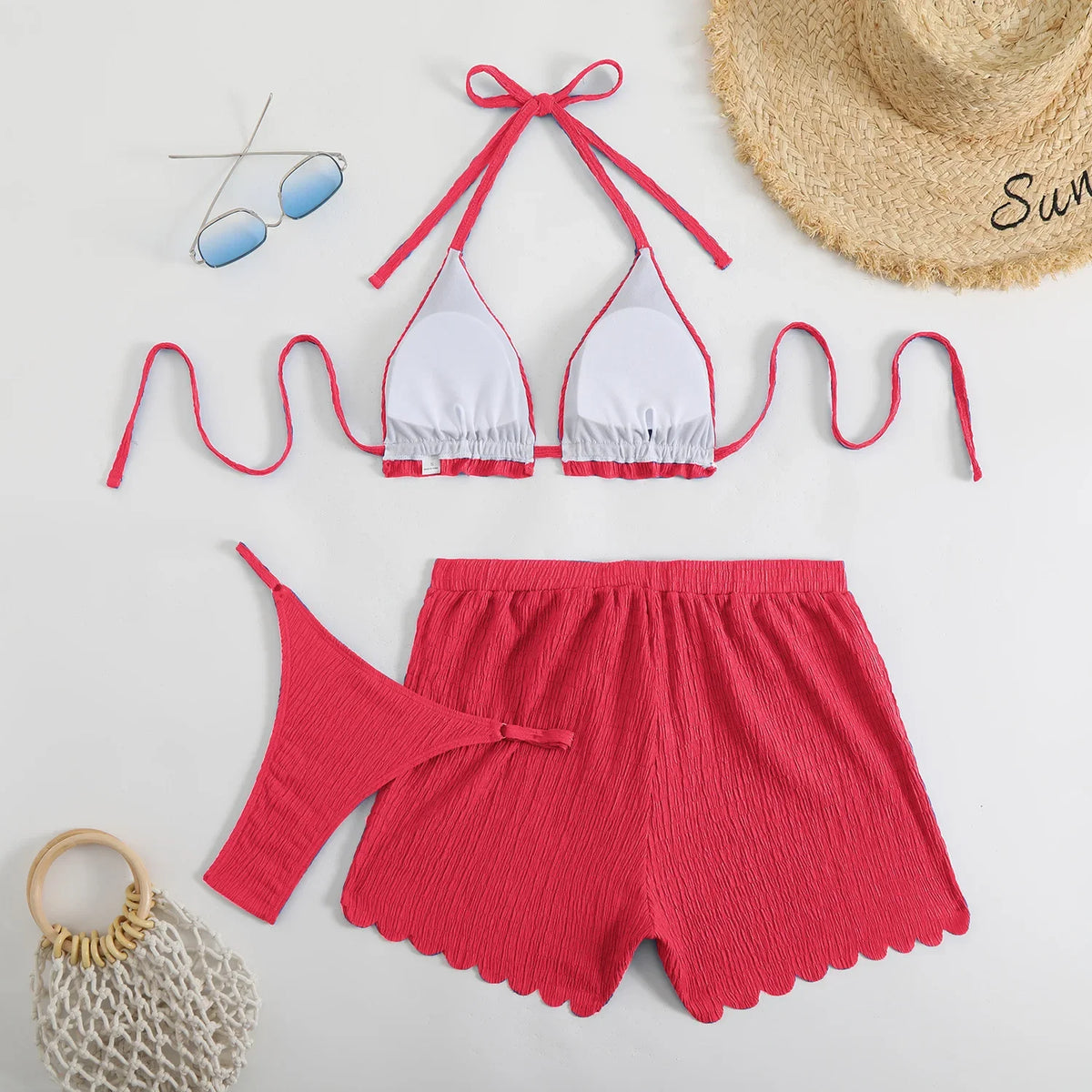 Sexy Purple Thong Bikini with Shorts Women Three Pieces Swimsuit Brazilian Swimwear Female Beachwear Halter Bathing Suit Outfit
