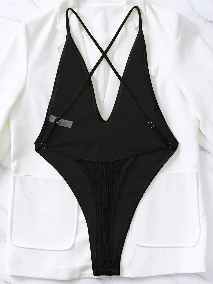 Sexy Ribbed Cross Backless Women Monokini Micro String Thong Swimwear One Piece Swimsuit Female High Cut Bathing Suit Swim Lady