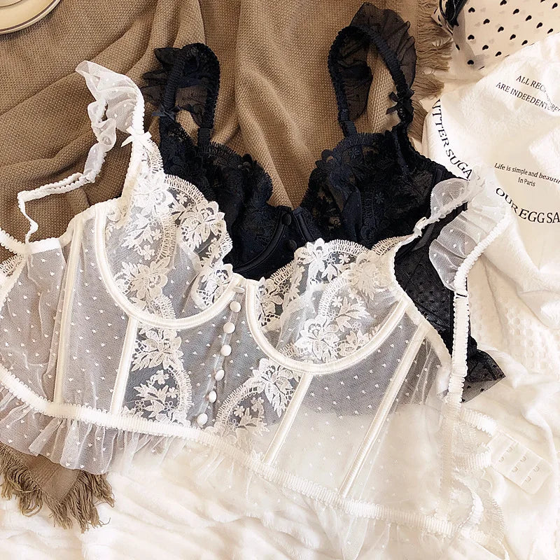 Women's French Lace Lingerie Set Sexy Ultra Thin See Through Bra & Thong Shaping Camisole Embroidery Underwear Set Hot Tushy P P