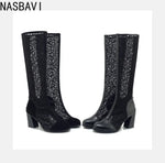 Sexy Women Knee High Boots Square Heel Punk Lace Mesh Boots Gladiator Cool Boots Breathable Women's Sandals Botas De Mujer New