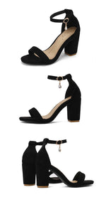 Beige Suede Ankle Strap Block Heel Sandals for Women, Round Open Toe with Rhinestone Accent, Multiple Colors Available