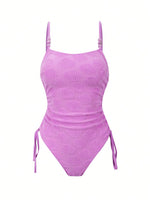Sexy Purple Shell Print One Piece Swimsuit 2026 Women Pearls Strap Drawstring Side Tummy Control Holiday Bathing Suit Swimwear