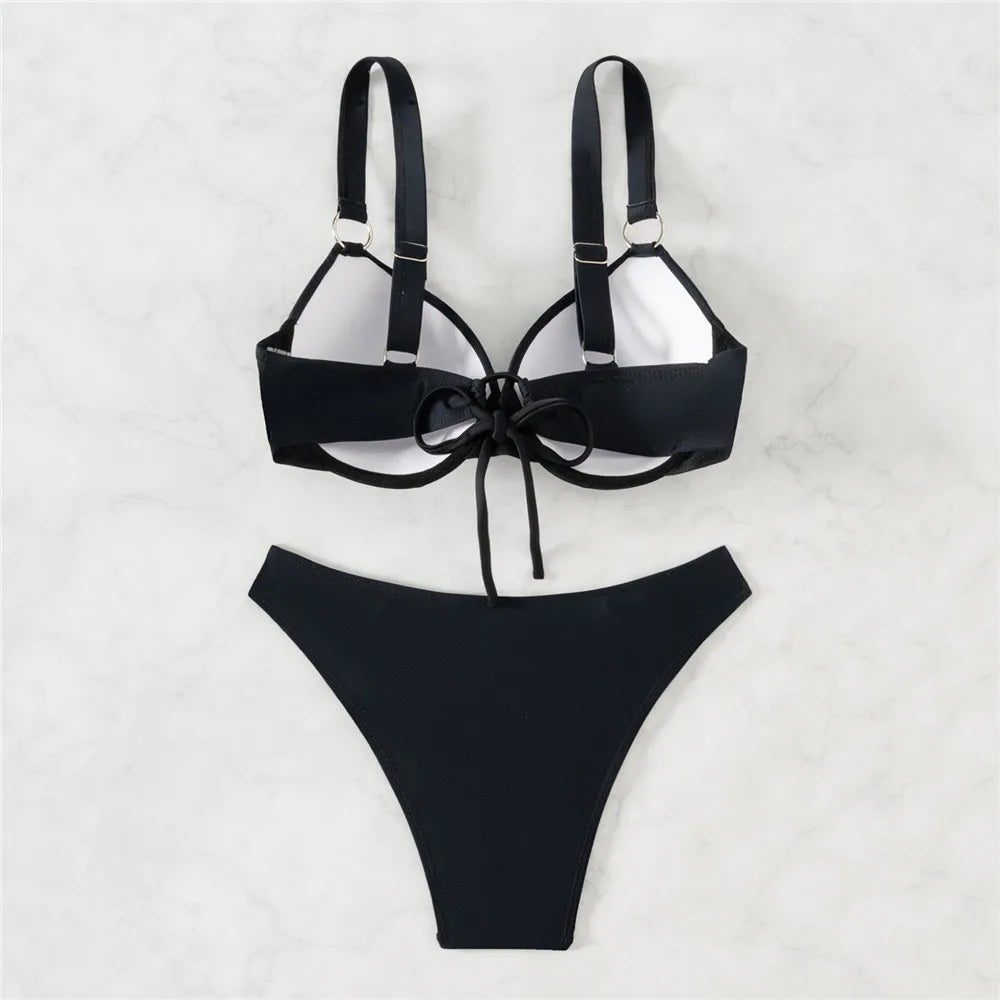 Solid Black Push Up Bikinis Sets Swimsuit Women 2026 Ladies Metal Ring Swimwear Underwired Bathing Suit Brazilian Biquinis Swim