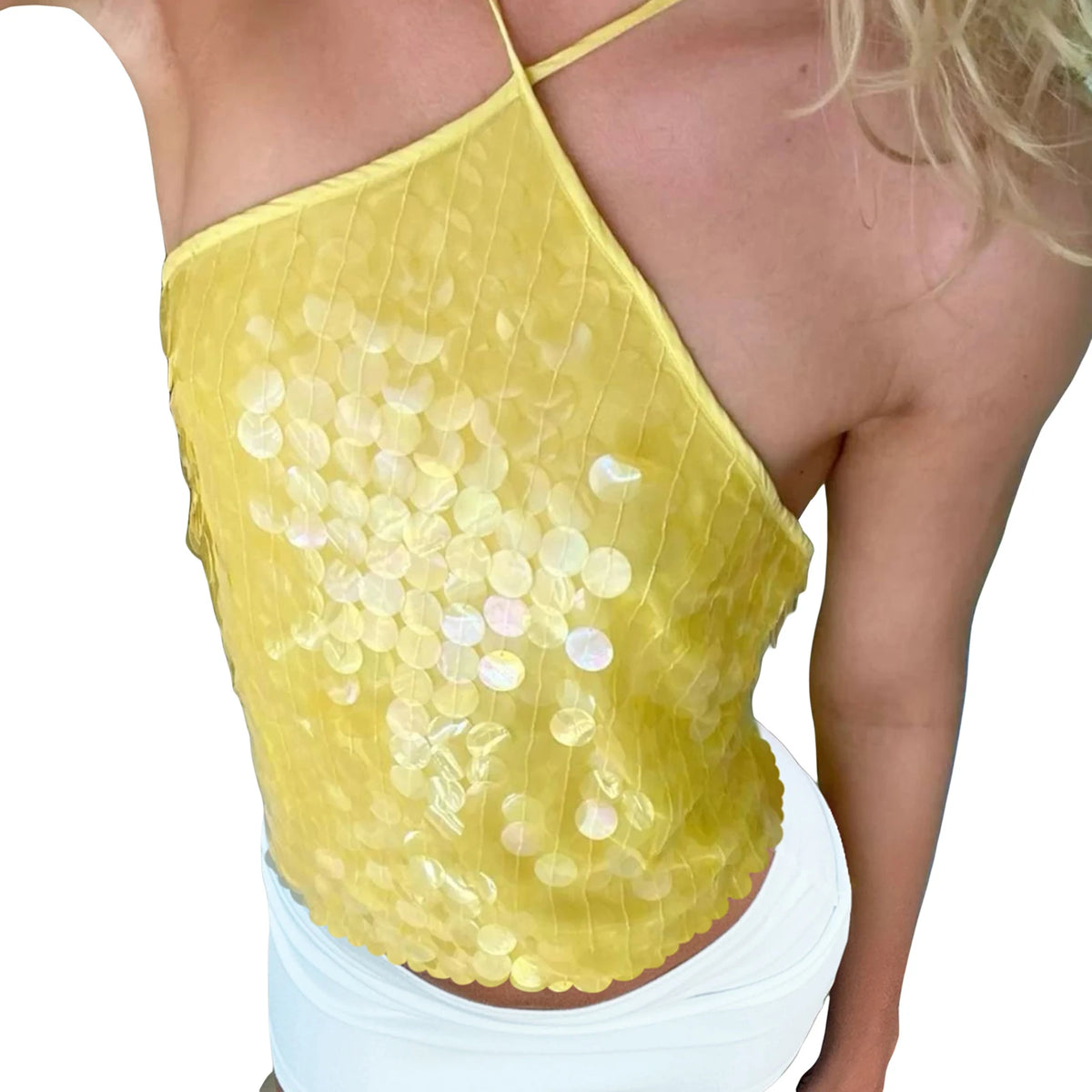 Women Solid Color Camis Tops Sequins Tie-Up Halter Neck Casual Summer Sleeveless Loose Fit Camisole Streetwear