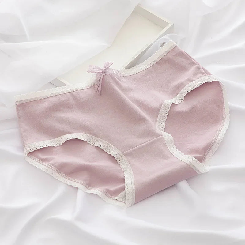1 Pack Women's Cute Lace Trim Cotton Underwear Bow & Heart Print Briefs Sweet Style Lingerie M-XL Breathable Daily Panty