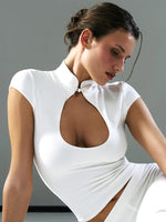 Ahagaga Fashion Women's Summer Club T-Shirt Tops Versatile Waist-cinching Chest Hollow Out Short Sleeves Y2k Sexy Female Casual
