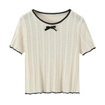 Fashion Casual Knitted Shirt With Black Trim Bow Knit T Shirt Short Sleeve Hollow Out Crew Neck Top For Women Daily Outfit EMZE