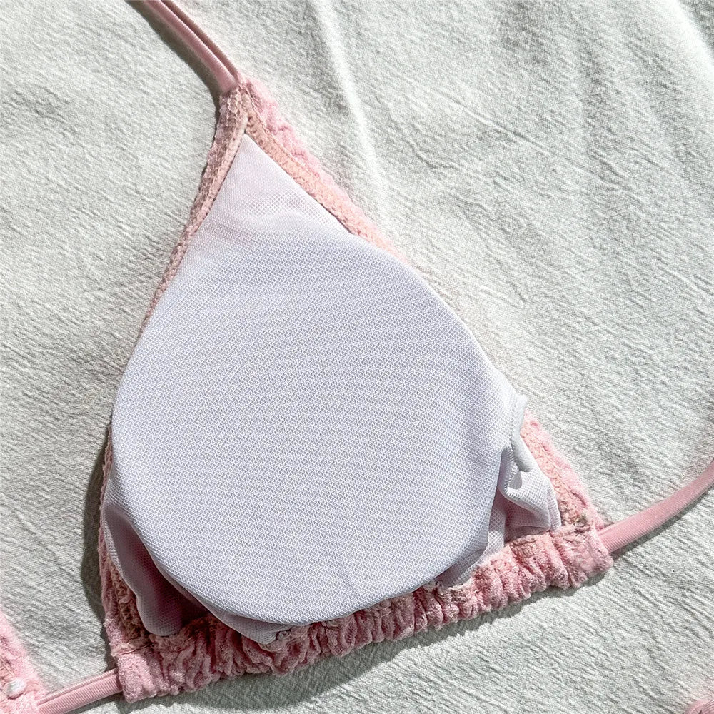 Beige Mesh Halter String Triangle Micro Thong Bikinis Sets 4 Pieces Long Sleeve Cover Ups Sexy Swimsuit Women Holiday Swimwear