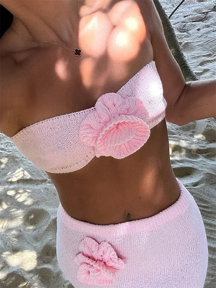 Women’s Two Piece Knit Summer Outfits Strapless 3D Flower Tube Tops and Long Skirt Set Beachwear Sexy Club Holiday Clothes