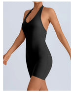 Summer Yoga Jumpsuit Back Hollow Out Bandage Pleate Pocket Shorts Sports One Piece Suits Butt Lifting Fitness Workout Bodysuit
