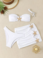 New White 3 Pieces Starfish Bandeau Bikini Set Swimsuit Women Swimwear with Sarong Skirts Dress Beach Wear Cut Out Bathing Suit