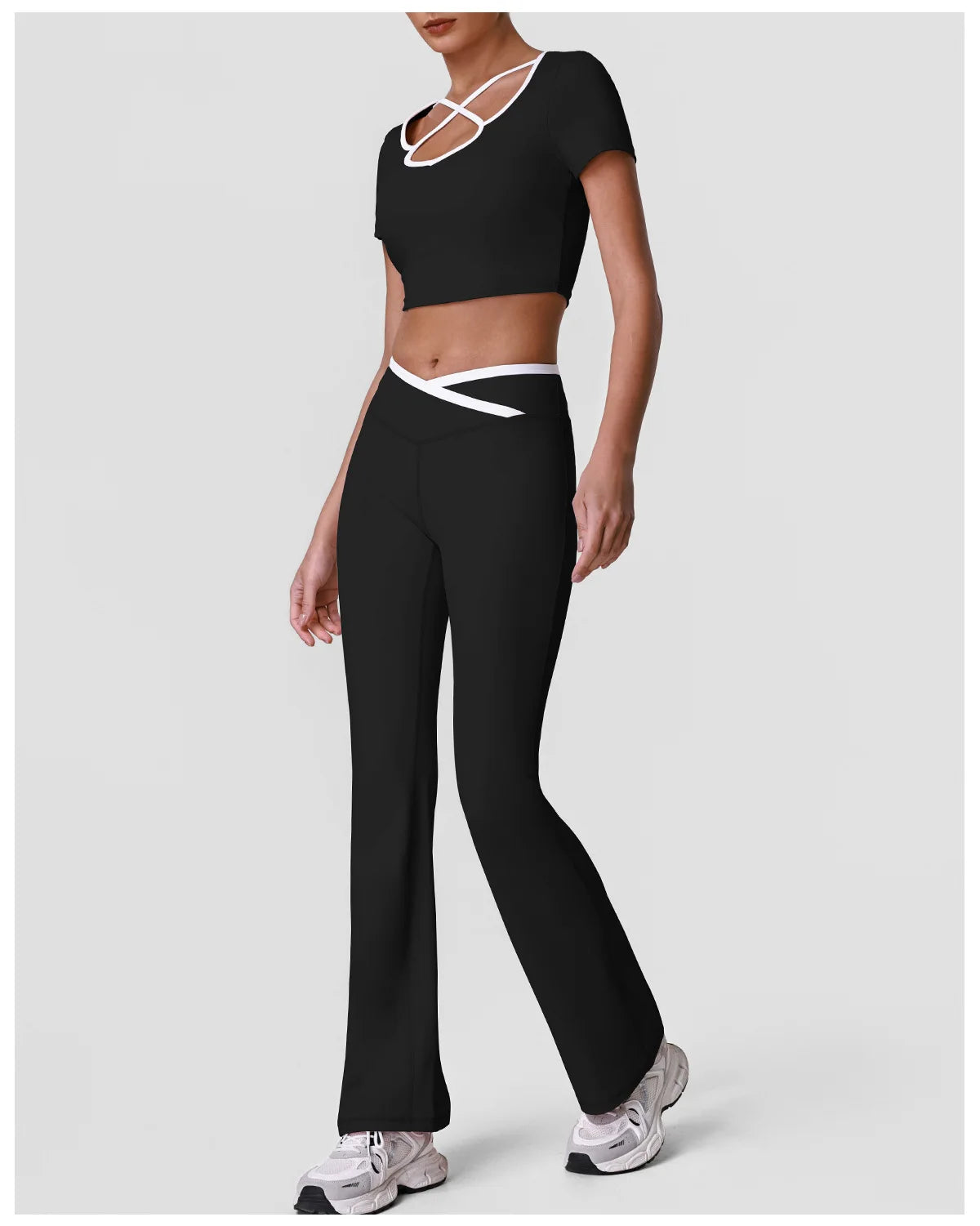 Summer Quick Drying Yoga Sets Women Black Patchwork Short Sleeve Cross Neck Sports Top High Waist Flared Pants Fitness Suits