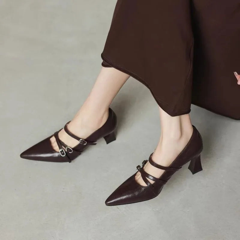 2026 Metal Buckle Hollow Sandals Office girl PointedThin Heel Patent Leather Fashion Single Shoe 35-42 Big Size Women Shoes