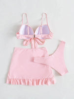 Women solid tie bow push up bikini sets three pieces with wrinkled ruffles mini skirt swimsuit bathing suit beach outfits