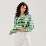 Loose Knitted Tops Women Contrast Color Stripe Floral Print Long Sleeve Pullovers Fall Winter Casual Jumpers