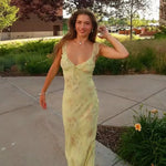 Sexy Elegant Flower Print Slim Long Dresses Women V-neck Low Cut Leace-up Backless Package Hip Bodycon Sleeveless Dress Female
