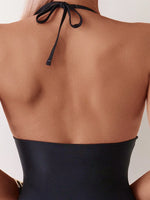 2025 Ruched Halter Swimsuit One Piece Swimwear Women Sexy Bathers Black Mesh Bathing Swimming Swim Suit Female V Neck Beachwear
