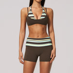 Breathable Striped Patchwork Yoga Clothing Women Fake Two-piece Sports Bra Folding High Waist Shorts Gym Running Fitness Suit