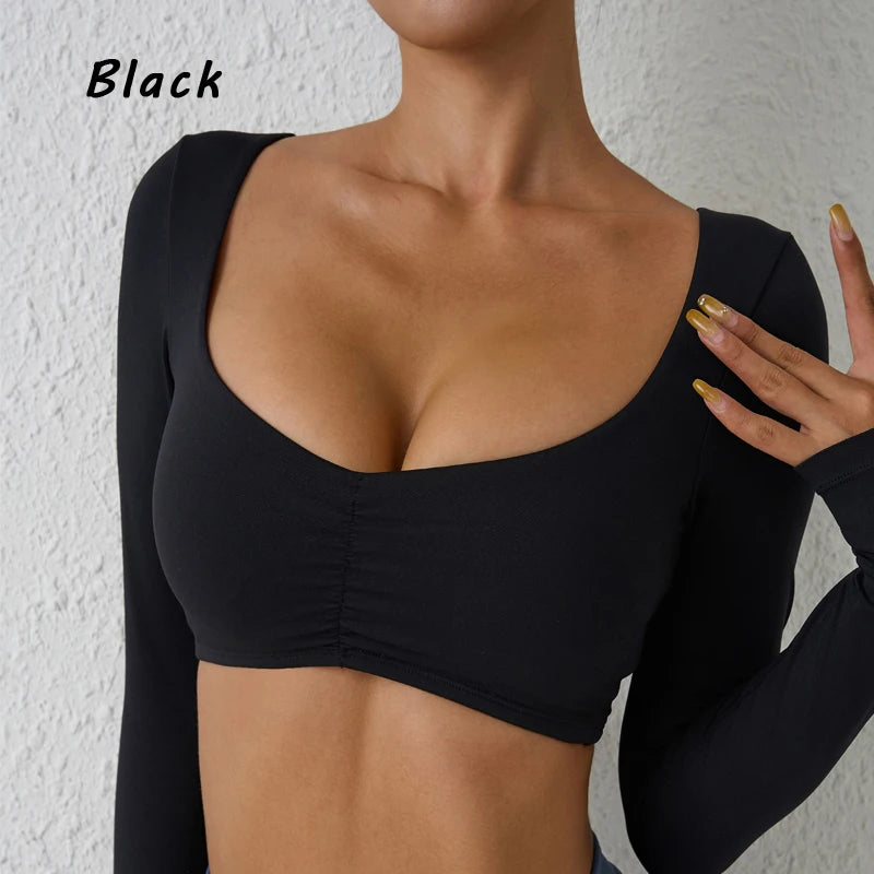 DIAS FIT JOY Nylon Gym Top Yoga Long Sleeved T-Shirt Tight Pleated Sports Top Women's Waist Tight Yoga Top
