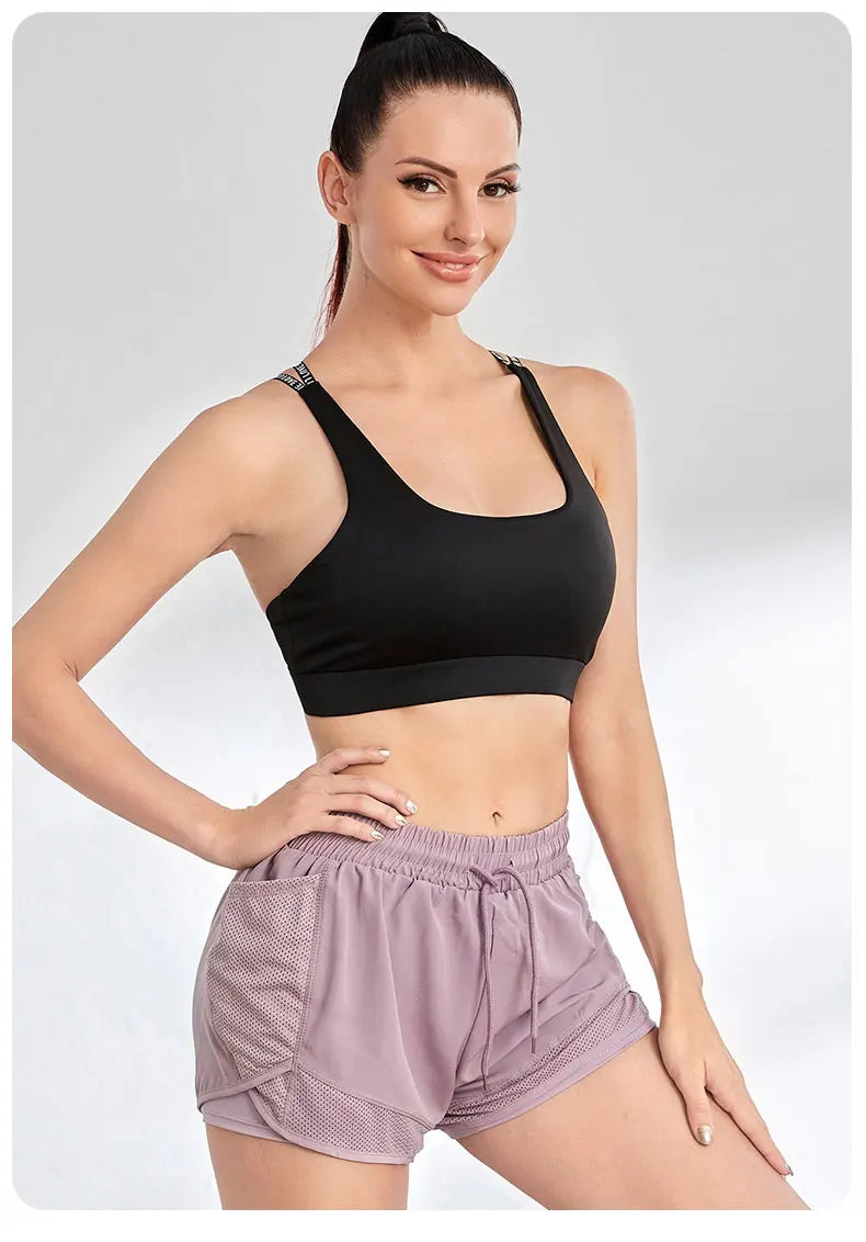 Women's Elastic Sports Shorts, Shorts With Pockets, Fake Two-Piece Yoga Leggings Running And Training