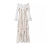 Off Shoulder White Lace Party Dress Flare Sleeve Bowknot Party Maxi Dress Sexy Elegant Summer Bodycon Vestidos Embroidery Robe