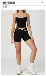 Yoga Shorts Sets Fake Two Piece Hanging Neck Shockproof Vest High Waist Pants Fitness Suit Breathable Women's Tight Sports Set