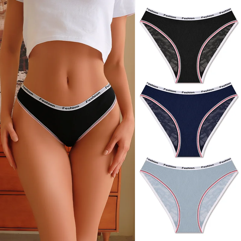 3Pcs/Set Women's Cotton Lace Panties V-Waist Sexy Sport Low Waist Briefs S-XL Comfortable Underwear Female Soft Color Underpants