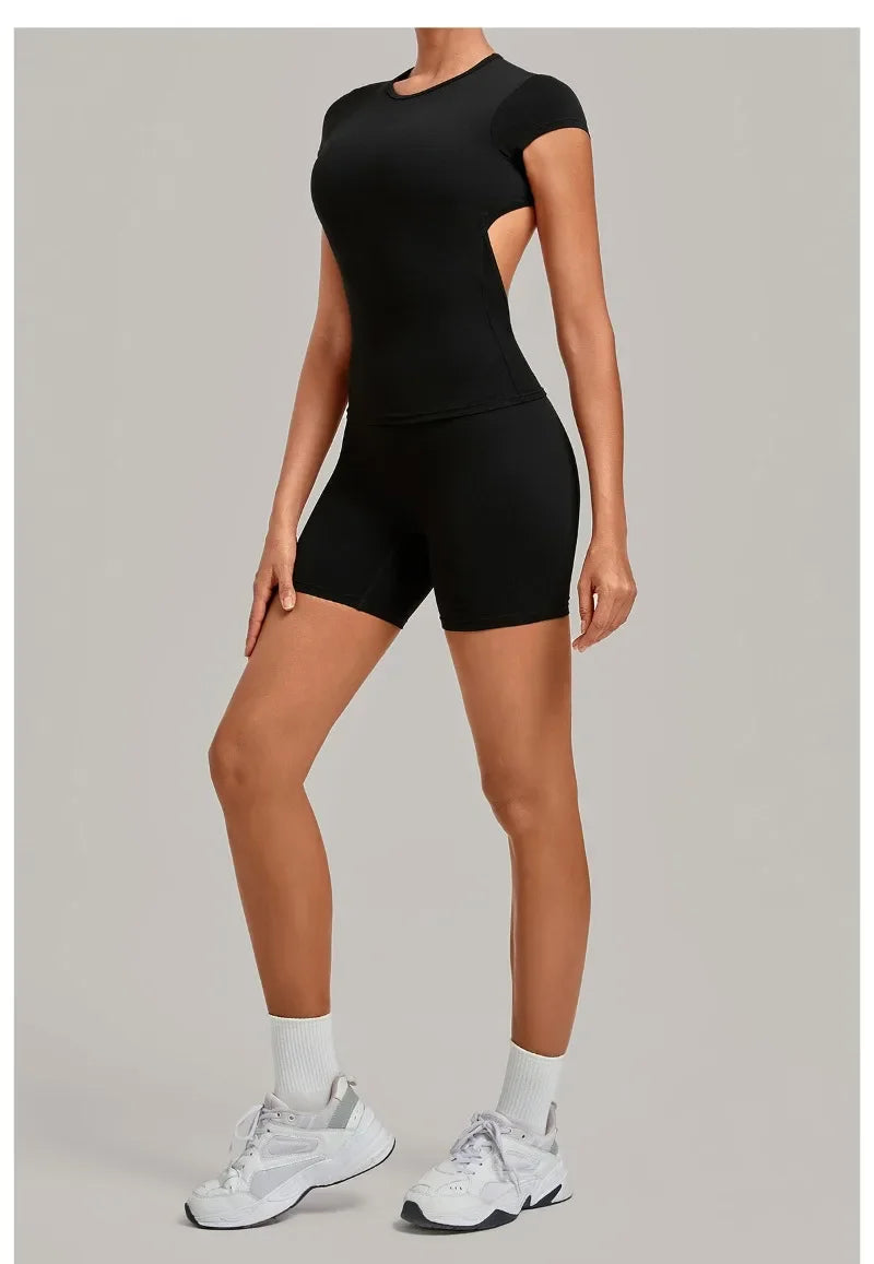 Women's Seamless Yoga Sets Sports Fitness Workout Hip-lifting High Waist Shorts Backless Short-sleeve Vest Suit Gym Training Set