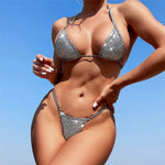 Silver Sequin Extreme Mini Micro Thong Bikini Female Swimsuit Women Swimwear Two-piece Bikini set Bather Bathing Suit Swim V4394