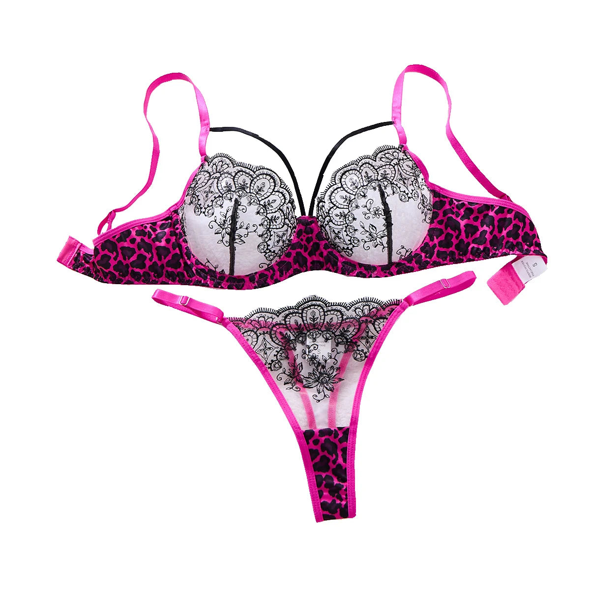 Hot Pink Leopard Print Floral Lace Lingerie Set Underwire Bra With Matching Thong Women Sexy Intimates ZA825120