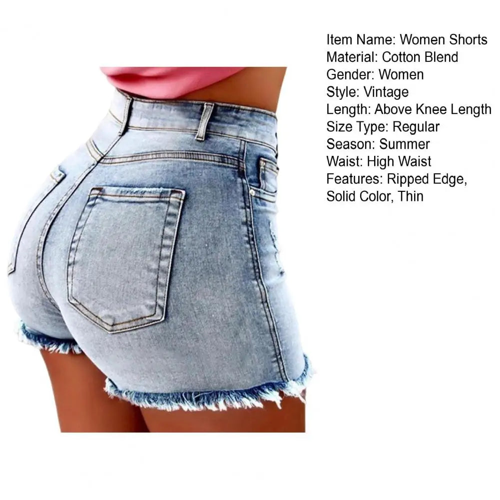 Summer Women Shorts High Waist Washed Retro Distressed Ripped Edge Butt-lifted Slim Fit Pockets Casual Club Party Short Pants