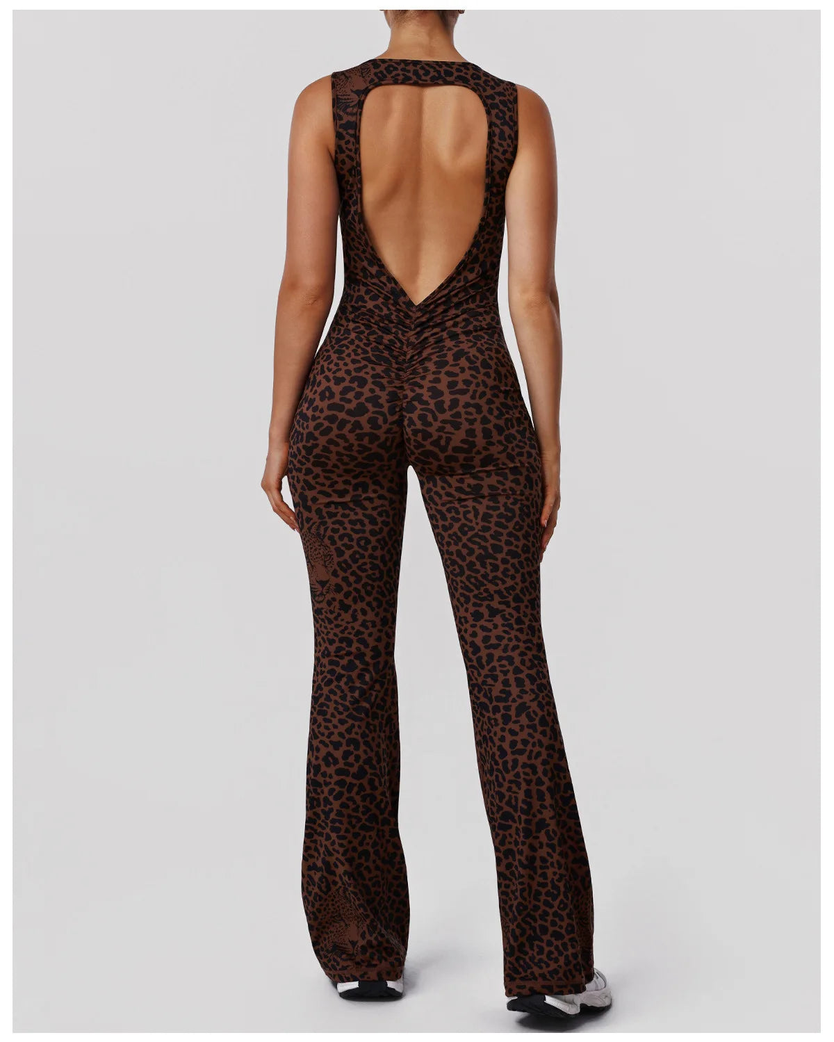 Sexy Brown Leopard Print Yoga Jumpsuit Women Hollow Out Backless Sleeveless Slim Gym Running One Piece Flare Pants Sports Suit