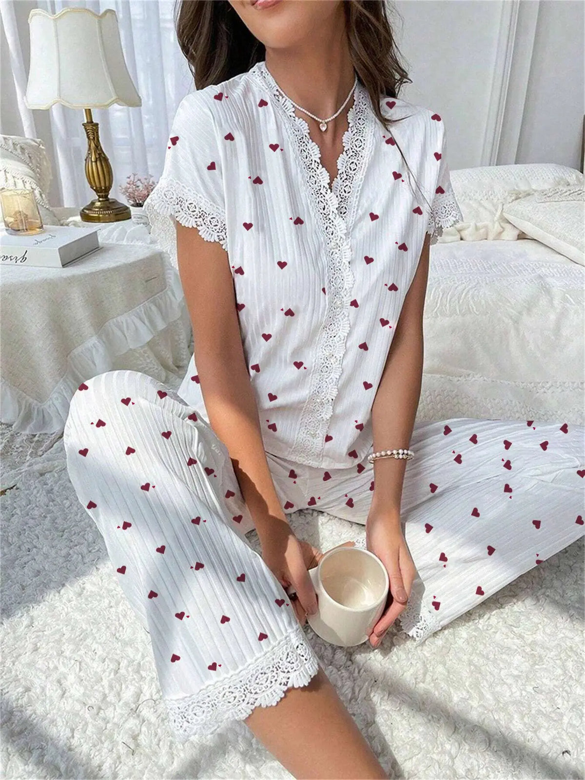 New Cute Ribbed Knit Pajama Set Womens Cherry Print V Neck Short Sleeve Top and Pants Two Piece Sleepwear Lace Trim Homewear Set