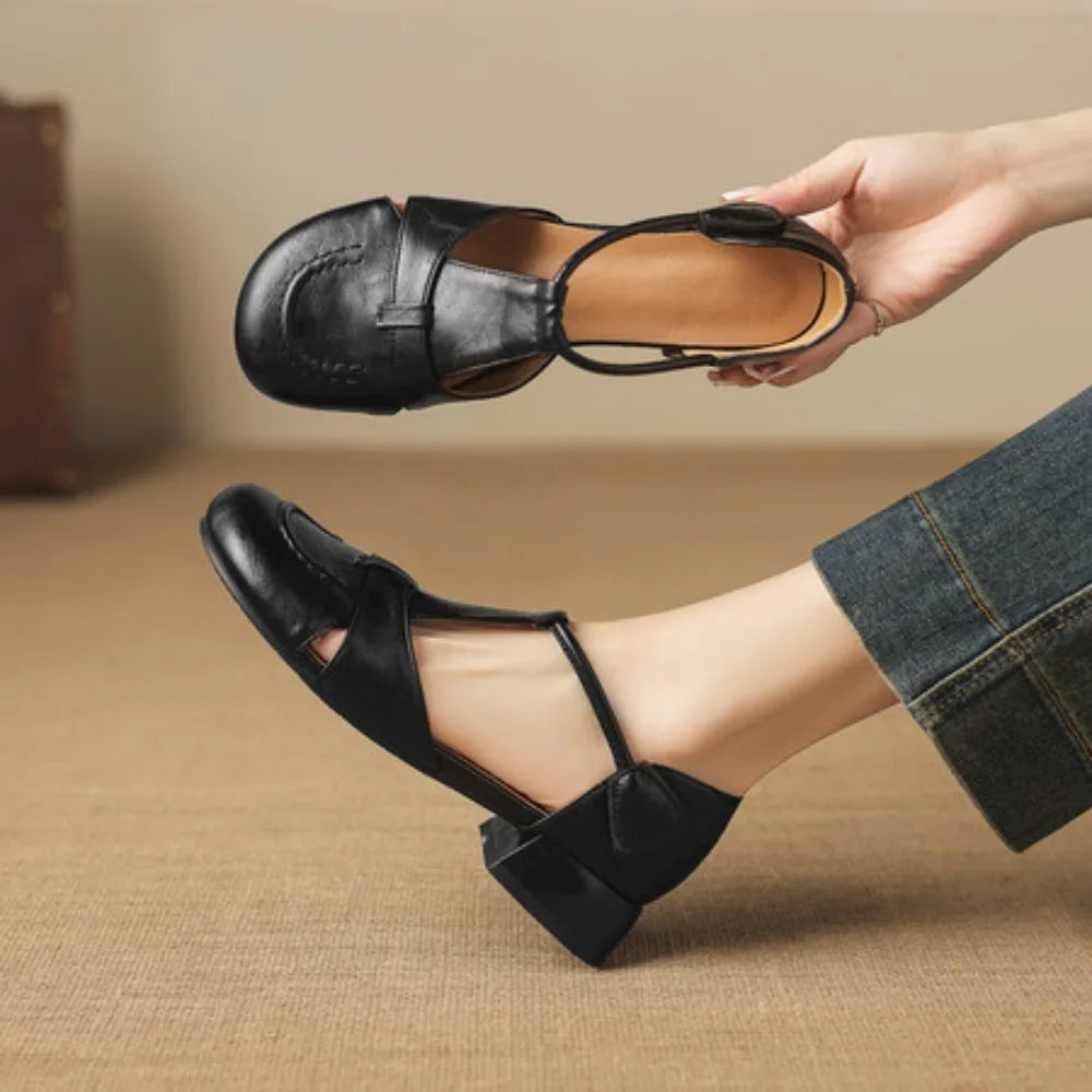 French Slip-on Single Shoes Retro British Shoes for Women Brown T-Strap Shallow Flat Sandals Soft Leather RomeSummer New 32-43