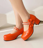 Pearl Beaded High Heels Shoes Ladies Wedding Mary Janes Block Heeled Pumps Woman Hook&Loop Tacones Wedges Escarpins Femme