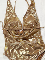 Shiny Brozing Gold Swimwear Women 2026 Ruffles V Neck Backless Bandage Tummy Control Holiday Bathing Suits One Piece Swimsuit