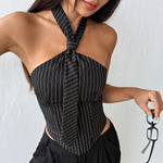 Retro Black Striped Tank Top Women Chic Summer Tie Sleeveless Slim Fit Fishbone Corset Y2K Hot Girl Club Party Tube Tops