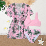 Girls 3pack Heart Print Cross Wrap High Waist Bikini Kids Swimsuit&Kimono 7-12 Years Children's Swimwear 2024 Teens Bathing Suit