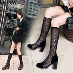 Sexy Women Knee High Boots Square Heel Punk Lace Mesh Boots Gladiator Cool Boots Breathable Women's Sandals Botas De Mujer New