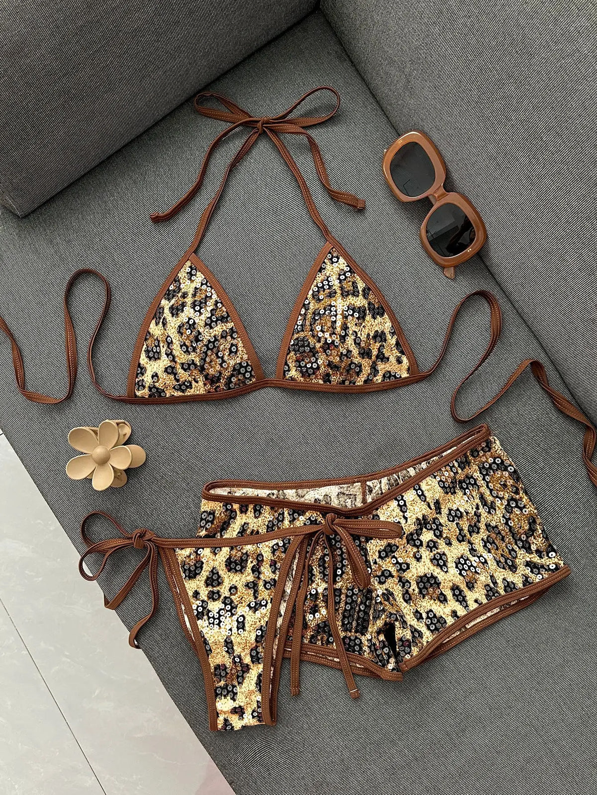 Sexy Sequin Coffee Leopard Print Bikini Set 2026 Women Push Up Bra High Wiast Short 3 Piece Swimsuit Beach Bathing Suit Swimwear