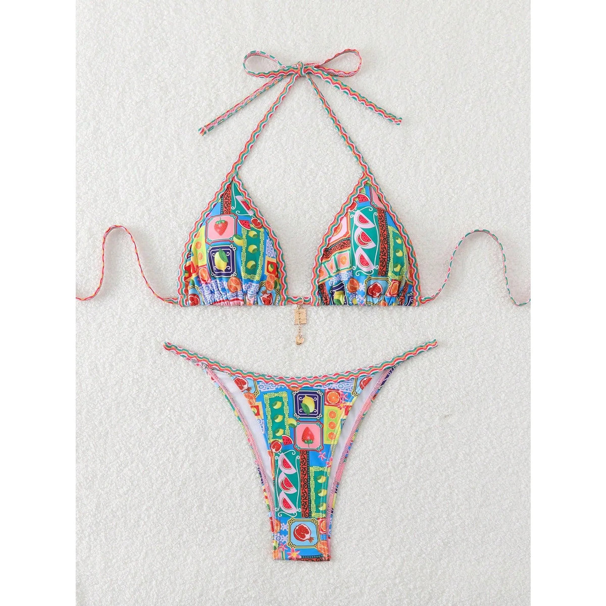 Sexy Tropical Print Bikini Set 2025 Women Halter Push Up Bra Thong Swimsuit Summer Holiday Bathing Suit Micro Swimwear Biquini