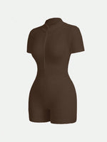 Women's Solid Color Half Zip Ribbed Knit Short Sleeve Romper Sports Soft Slim Fit Mock Neck Jumpsuit Streetwear 2025 Summer